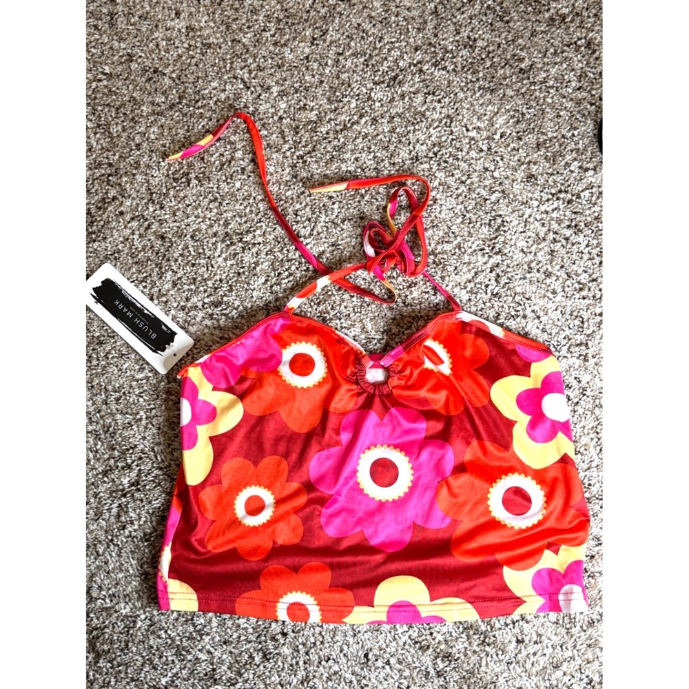 Blush Mark NWT Women Floral HalterNeck CropTop Red Pink Retro Y2K Style L Barbie